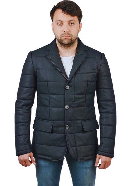 Silva Hakiki Deri Erkek Lacivert Tafta Blazer Şişme Ceket