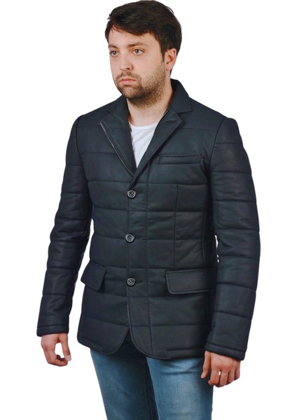 Silva Hakiki Deri Erkek Lacivert Tafta Blazer Şişme Ceket modelleri