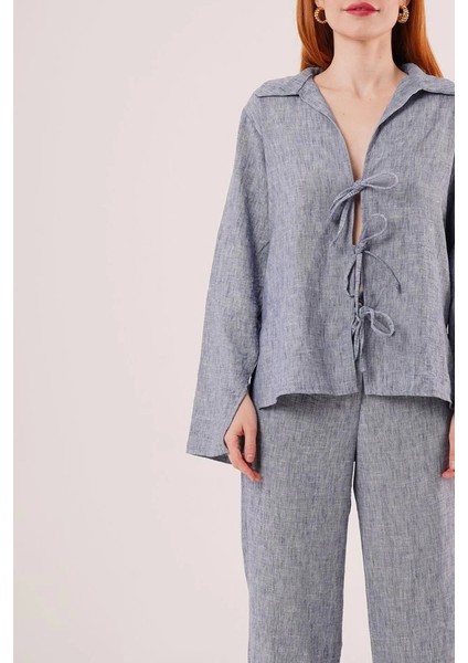 Ön Bağlama Detaylı Pantolon ve Gömlek Indigo Ikili Takım fiyatları