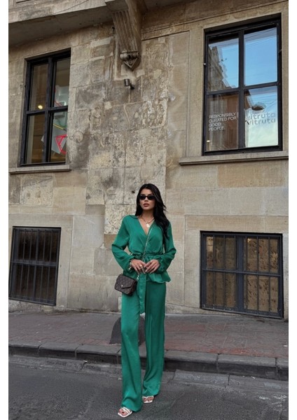 Saten Kruvaze Bağlamalı Bluz- Pantolon Takım - Yeşil