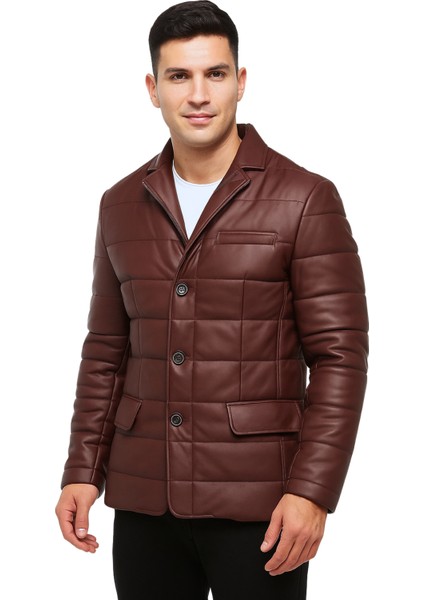Silva Hakiki Deri Tafta Erkek Bordo Şişme Blazer Ceket