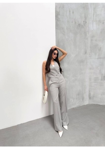 Toskana Çi̇zgi̇li̇ Kruvaze Yaka Tek Düğmeli̇ Yelek Pantolon Takim