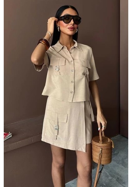 Gömlek Şort Etek Viscon Keten Takım 10162