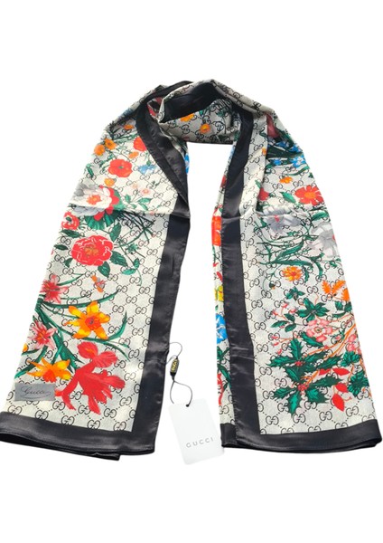 Vual Ipek Şal Çiçekli G Baskılı Siyah Krem