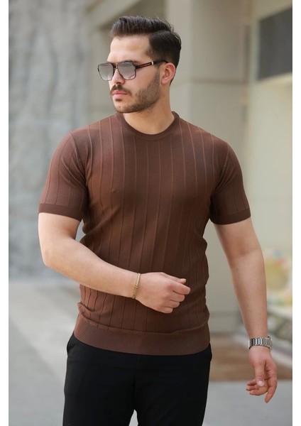 Erkek Kısa Kollu Bisiklet Yaka Çizgili Triko Tişört