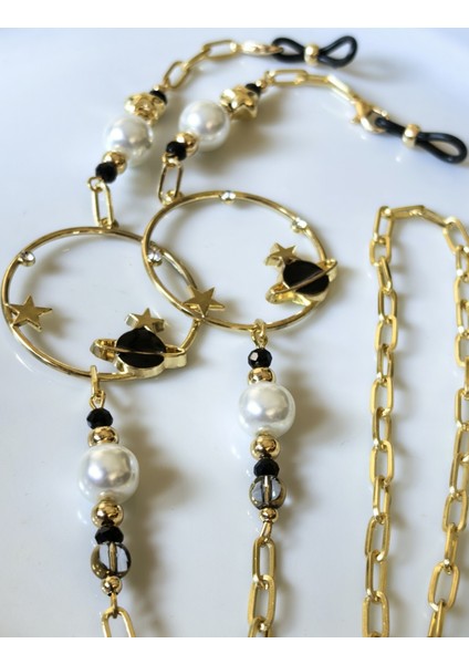 Gözlük Zinciri Altın Kaplama Zincirli Uzay Temalı Büyük Cam Incili Gözlük Zinciri