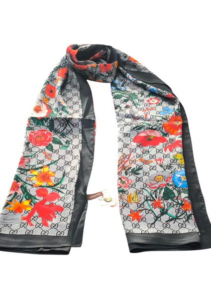 Vual Ipek Şal Çiçekli G Baskılı Siyah Gri