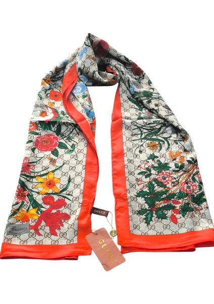 Vual Ipek Şal Çiçekli G Baskılı Nar Çiçeği Vizon