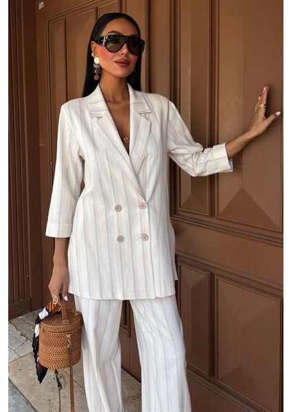 Blazer Ceketli Çizgili Keten Takım 10186 fiyatları
