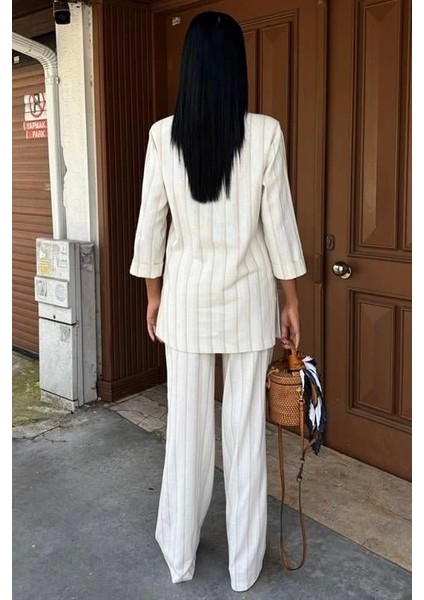 Blazer Ceketli Çizgili Keten Takım 10186 modelleri