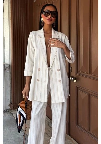 Blazer Ceketli Çizgili Keten Takım 10186 indirimleri