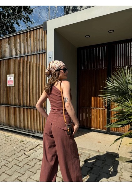 Keten Asimetrik Tek Omuzlu Bluz Pantalon Takım- Bordo fırsatları