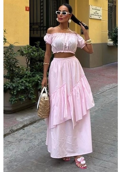 Büzgülü Crop Kat Detaylı Fırfır Etekli Takım 10196 indirimleri