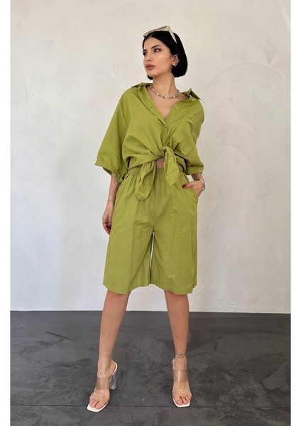 Yağ Yeşili Kısa Kollu Keten Gömlek ve Şort Takım