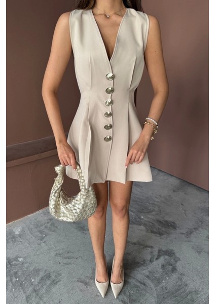 Kolsuz Gold Düğme Elbise Pens ve Pileli Kısa - Bej modelleri