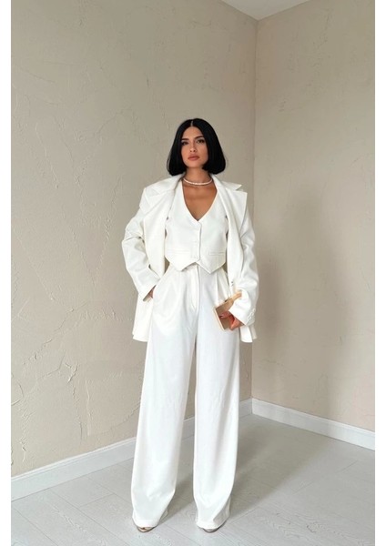 Ekru Klas Ceket ve Yelek ve Pantolon Takım