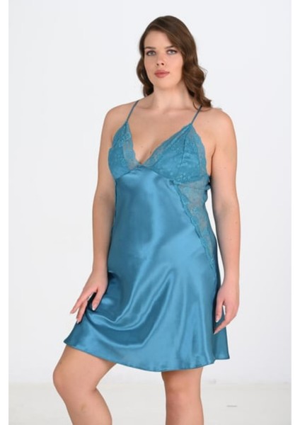 Büyük Beden Dantel Detaylı Saten Kısa Gecelik