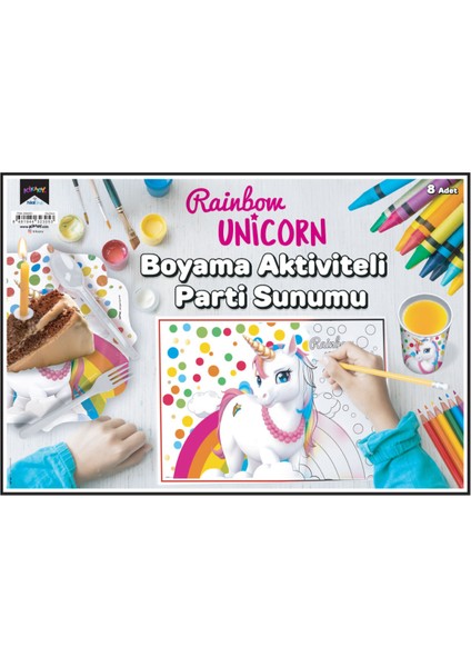Boyama Aktiviteli Parti Sunumu 8li Rainbow Unicorn