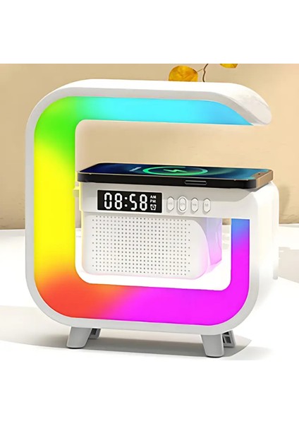 Kablosuz Şarj Istasyonu Bluetooth Radyolu Dijital Saat Rgb LED Işıklı Masa ve Gece Lambası