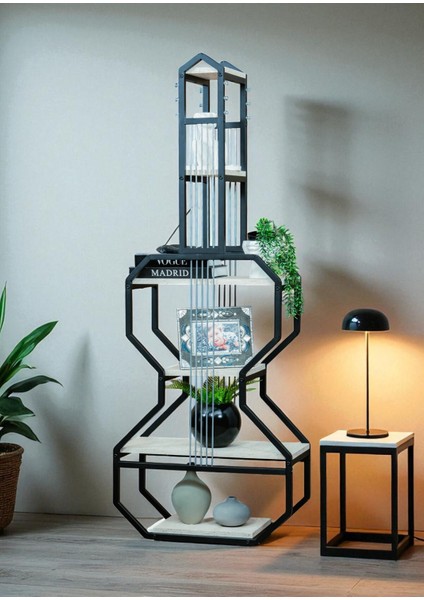 Dekoratif Siyah Metal Kitaplık Beyaz Ahşap Raflı Gitar Ünite Çok Amaçlı Salon Ofis Düzenleyici