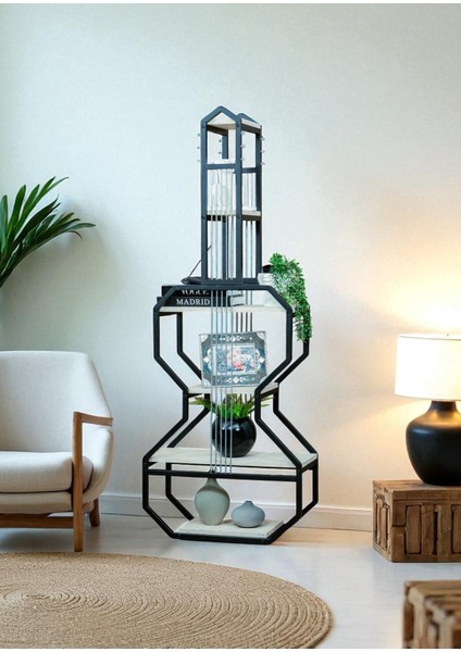 Dekoratif Siyah Metal Kitaplık Beyaz Ahşap Raflı Gitar Ünite Çok Amaçlı Salon Ofis Düzenleyici fiyatları