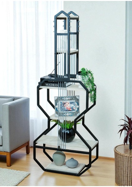 Dekoratif Siyah Metal Kitaplık Beyaz Ahşap Raflı Gitar Ünite Çok Amaçlı Salon Ofis Düzenleyici