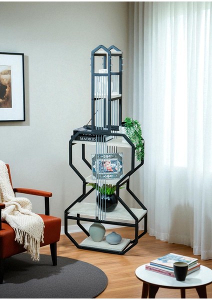 Dekoratif Siyah Metal Kitaplık Beyaz Ahşap Raflı Gitar Ünite Çok Amaçlı Salon Ofis Düzenleyici