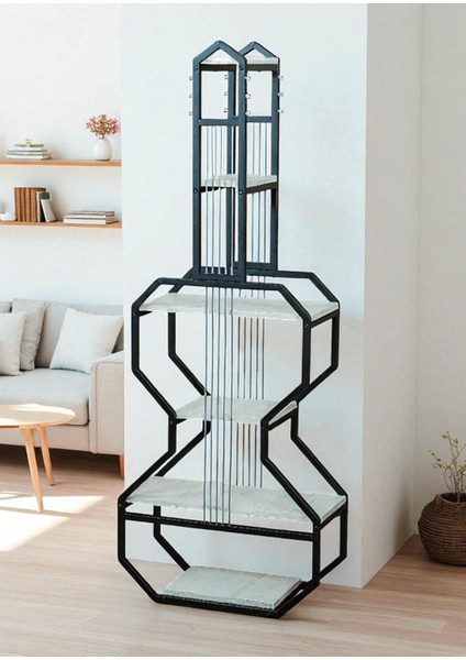 Dekoratif Siyah Metal Kitaplık Beyaz Ahşap Raflı Gitar Ünite Çok Amaçlı Salon Ofis Düzenleyici