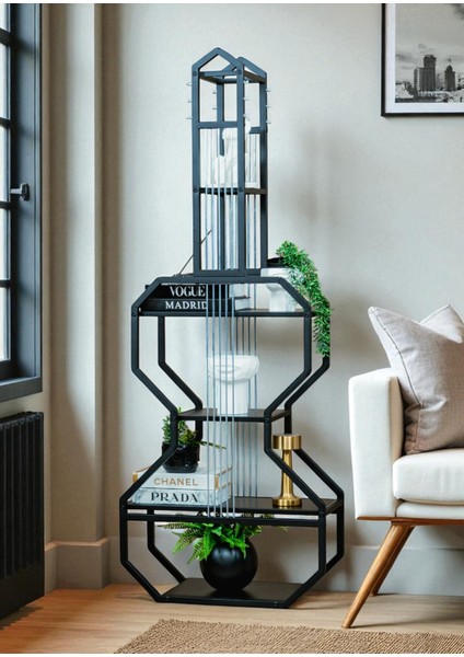 Dekoratif Siyah Metal Kitaplık Siyah Ahşap Raflı Gitar Ünite Çok Amaçlı Salon Ofis Düzenleyici