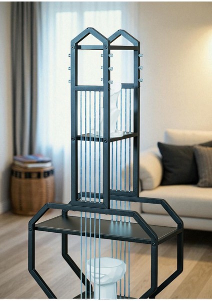 Dekoratif Siyah Metal Kitaplık Siyah Ahşap Raflı Gitar Ünite Çok Amaçlı Salon Ofis Düzenleyici modelleri