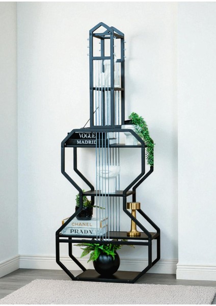 Dekoratif Siyah Metal Kitaplık Siyah Ahşap Raflı Gitar Ünite Çok Amaçlı Salon Ofis Düzenleyici