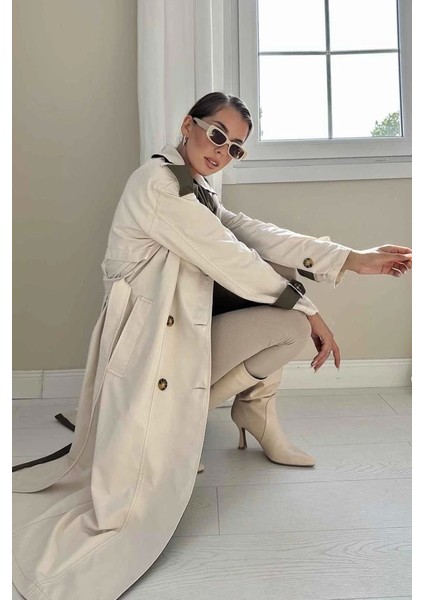 Bej Haki Arkası Çizgili ve Kemerli Trençkot fiyatları
