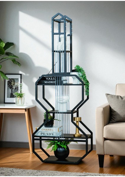 Dekoratif Siyah Metal Kitaplık Siyah Ahşap Raflı Gitar Ünite Çok Amaçlı Salon Ofis Düzenleyici