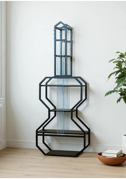 Dekoratif Siyah Metal Kitaplık Siyah Ahşap Raflı Gitar Ünite Çok Amaçlı Salon Ofis Düzenleyici