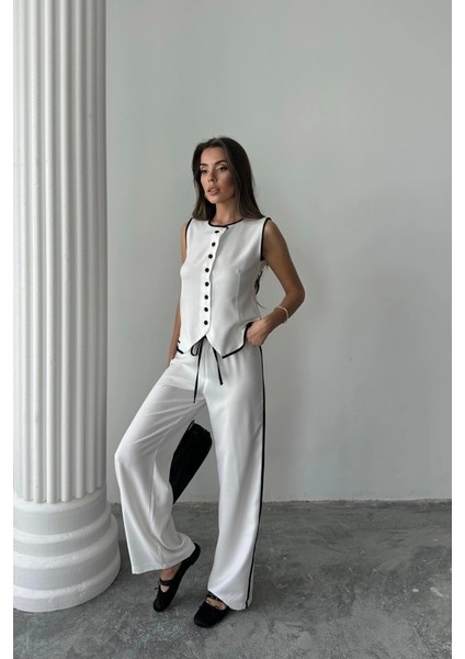Keten Kenarları Biyeli Yelek - Pantolon Takım - Beyaz