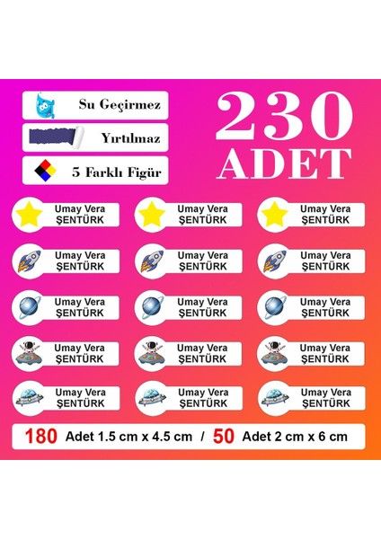 Okul Kırtasiye Defter Kalem Kitap Etiketi Su Geçirmez 230 Adet