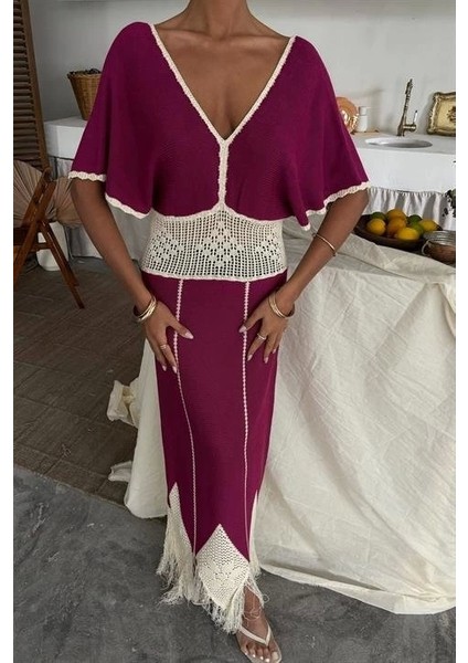 Dantel Desenli V Yaka Triko Elbise 2844 modelleri