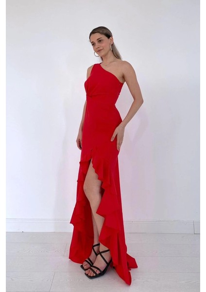 Kırmızı Yırtmaçlı Volanlı Elbise fiyatları