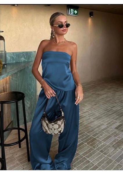 Kadın Likralı Saten Kumaş Straplez Bağlamalı Ikili Takım