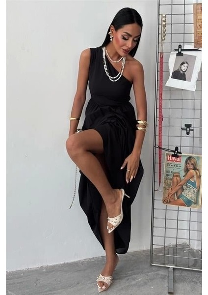 Tek Omuzlu Pile Detay Maxi Elbise 2895 fiyatları