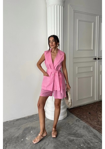 Keten Yelek - Şort Takım - Pembe