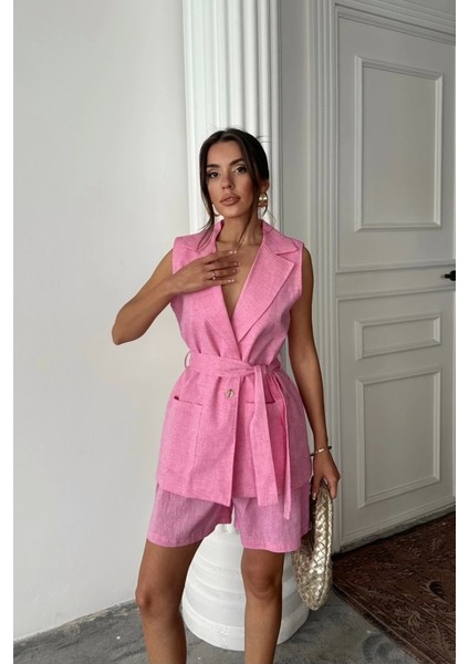 Keten Yelek - Şort Takım - Pembe fırsatları