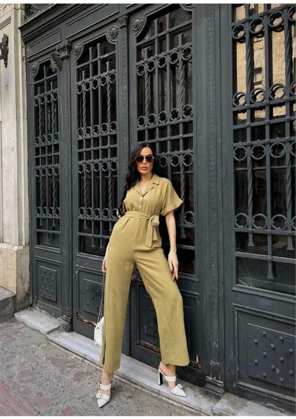 Keten Tulum Bel Bağlama Detaylı - Yeşil