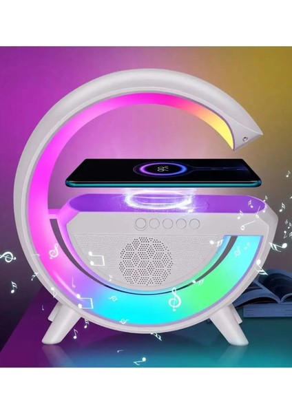 Kablosuz Şarj Istasyonu Bluetooth Hoparlörlü ve Radyolu Rgb LED Işıklı Masa ve Gece Lambası
