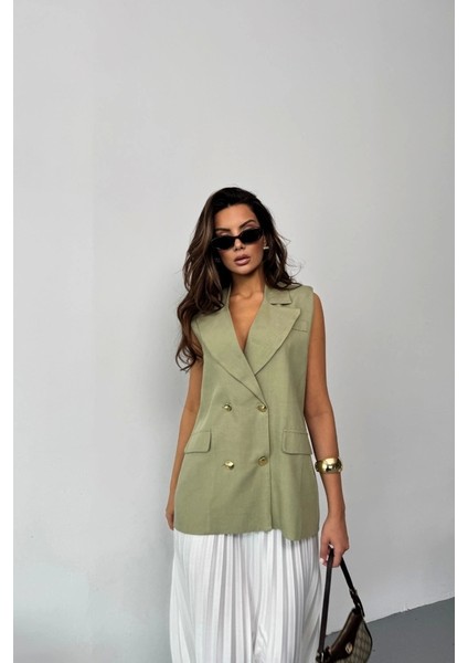 Gold Düğmeli Keten Yelek - Yeşil fiyatları