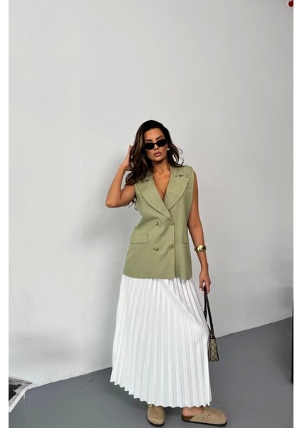 Gold Düğmeli Keten Yelek - Yeşil fırsatları