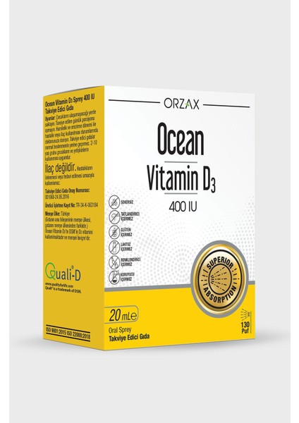 Orzax Vitamin D3 400IU Sprey 20 ml Çocuklar İçin Kemik Gelişimini Destekler