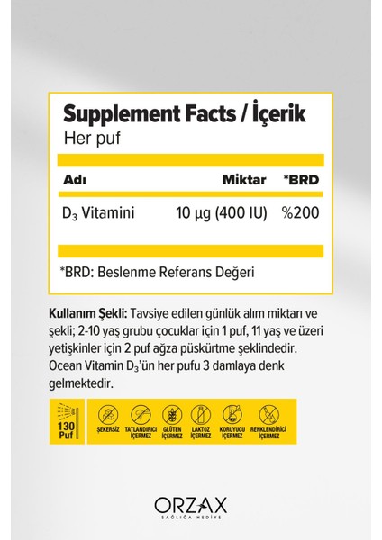 Orzax Vitamin D3 400IU Sprey 20 ml Çocuklar İçin Kemik Gelişimini Destekler fiyatları