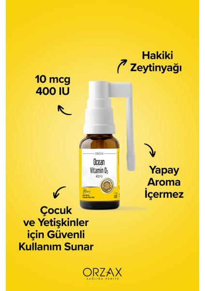 Orzax Vitamin D3 400IU Sprey 20 ml Çocuklar İçin Kemik Gelişimini Destekler modelleri