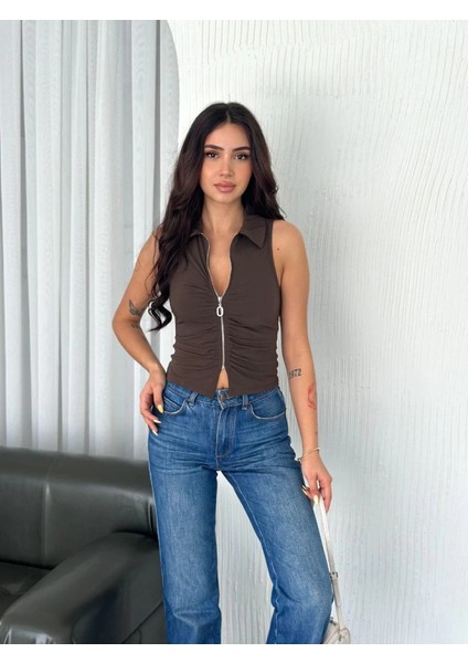 Yakalı Tam Fermuarlı Kolsuz Bluz - Kahverengi fiyatları